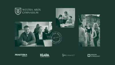 Tre olika bilder med elever tillsammans med logotypen för Westra Aros Gymnasium, Praktiska Gymnasiet, Klara Teoretiska Gymnasium, NTI Gymnasiet samt Designgymnasiet.